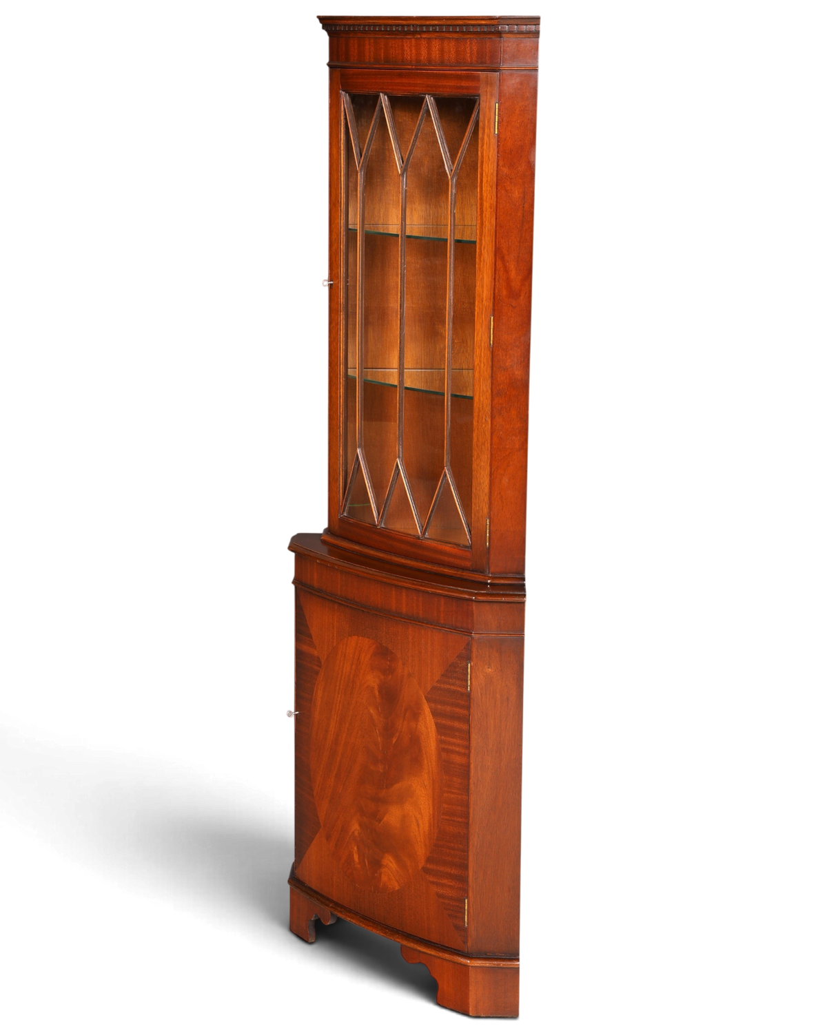 G028 Finish cm Wunderschöne Englische Eckvitrine Mahagoni Antik 60s echt Holz Schrank Eckschrank Glasvitrine