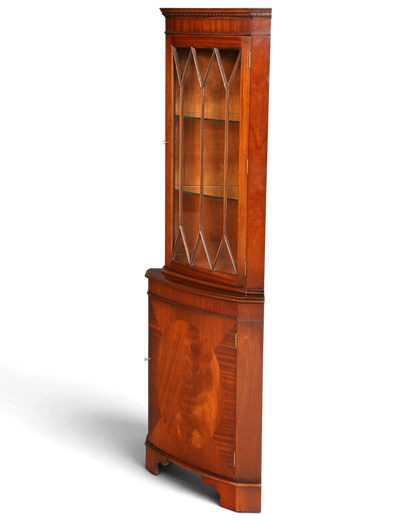 G028 Finish cm Wunderschöne Englische Eckvitrine Mahagoni Antik 60s echt Holz Schrank Eckschrank Glasvitrine