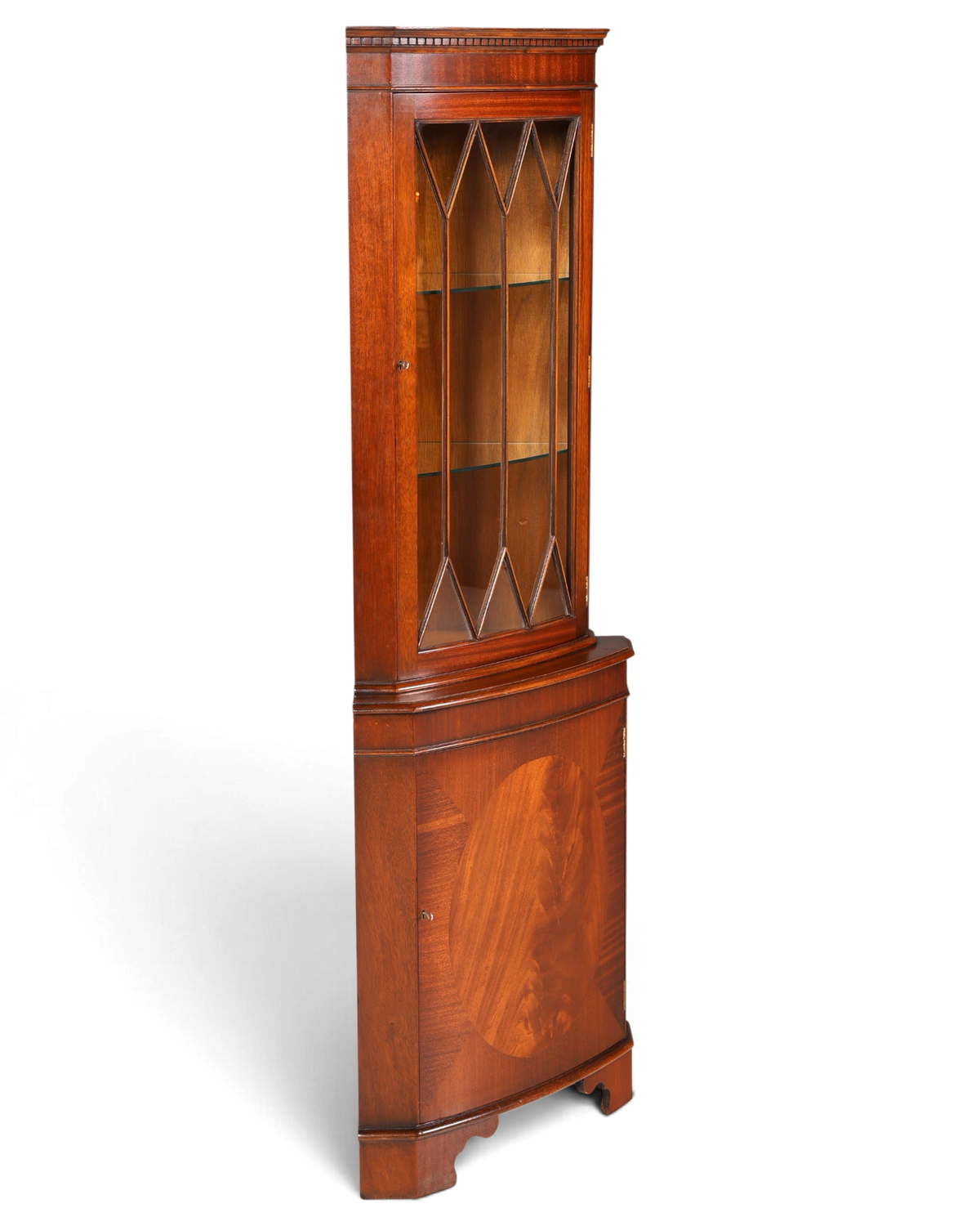 G028 Finish cm Wunderschöne Englische Eckvitrine Mahagoni Antik 60s echt Holz Schrank Eckschrank Glasvitrine