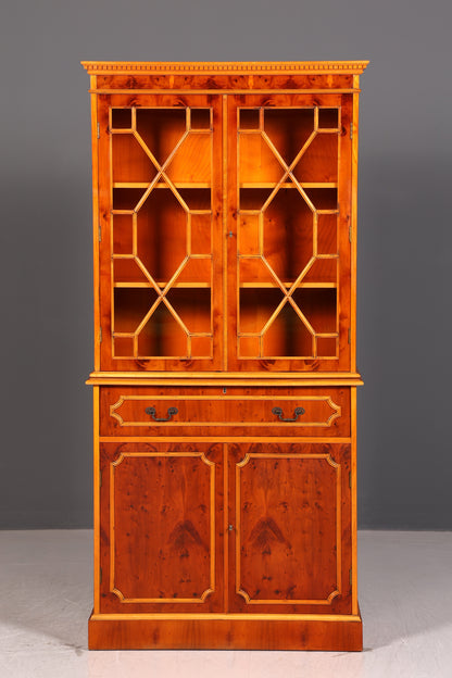 Edler Englischer Sekretär Vitrine Eibe Aufsatzsekretär Schreibschrank Glasvitrine Bücherschrank Antik Vintage