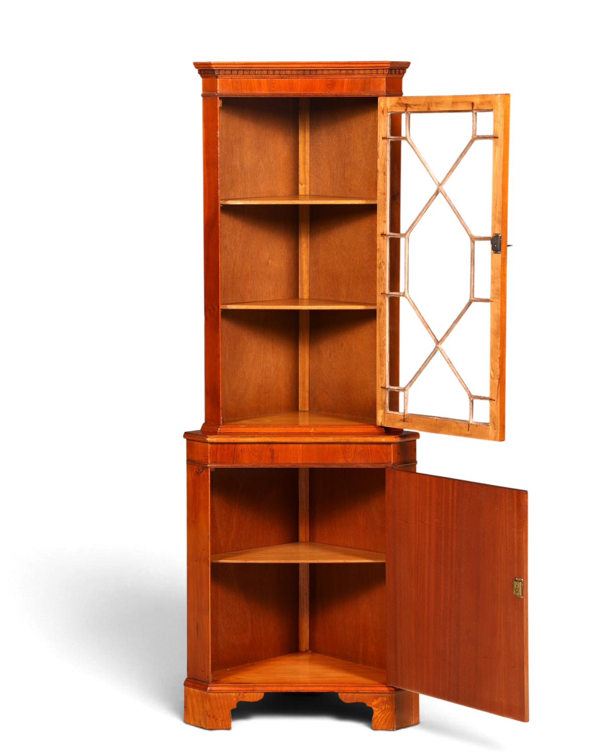Hauptstadt Möblerei englische Eckvitrine aus Eibenholz mit Sprossentür und zwei Ebenen im Vintage-Stil