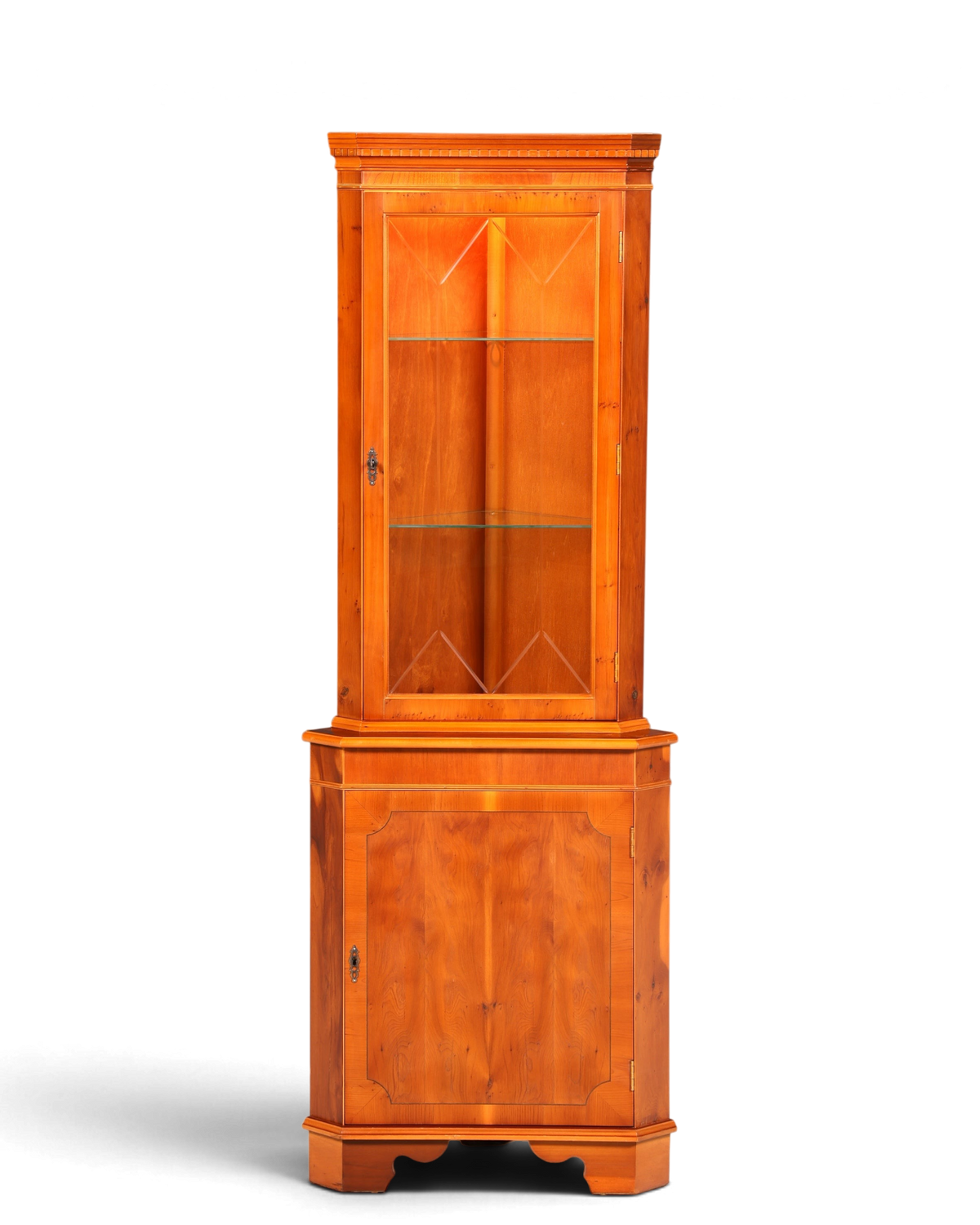 Hauptstadt Möblerei englische Eckvitrine aus Eibe mit Glas-Sprossentür, Innenbeleuchtung und Unterschrank