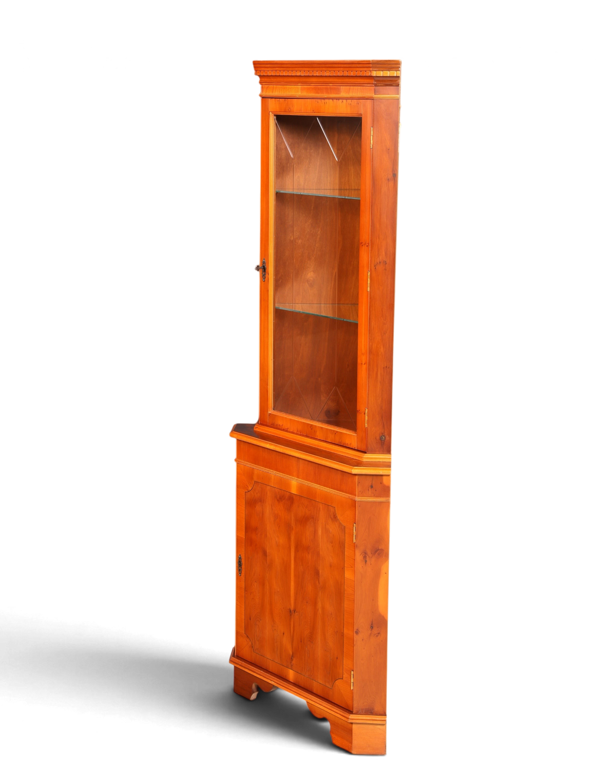 Hauptstadt Möblerei englische Eckvitrine aus Eibenholz mit Glas-Sprossentür, Innenbeleuchtung und Unterschrank