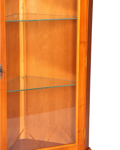 Hauptstadt Möblerei englische Eckvitrine aus Eibenholz mit Glasböden, Sprossentür und integrierter Innenbeleuchtung