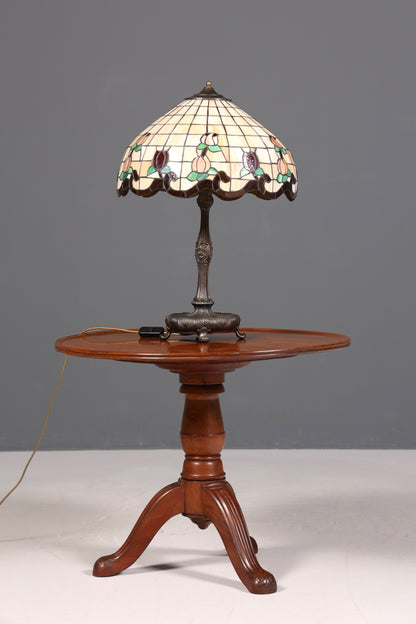 Traumhafte Antike Tiffany Tischlampe Glaslampenschirm Messingfuß Lampe Prunklampe