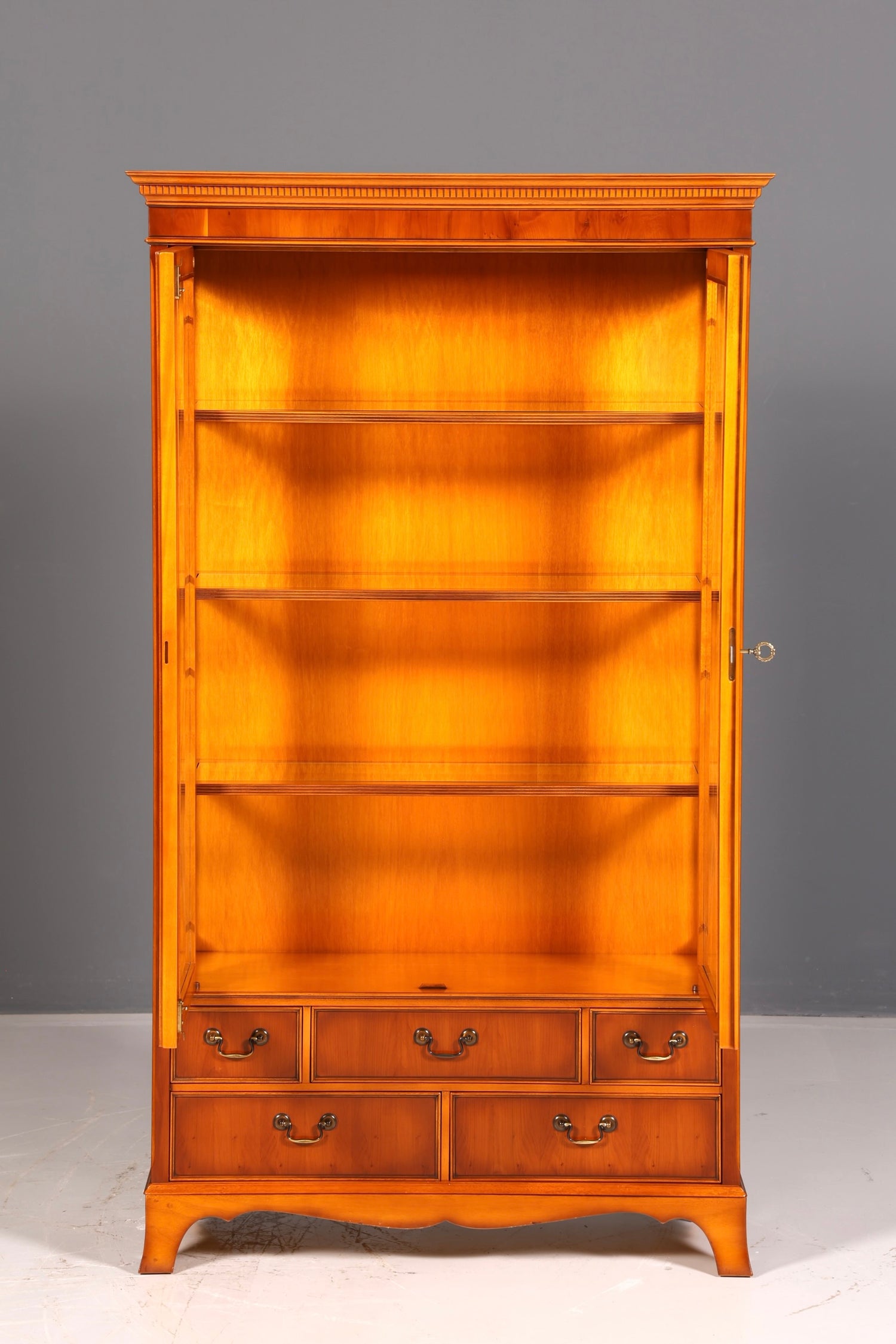 Beautiful Original Heldense Display Cabinet, English Yew Bookcase, Glass Cabinet with Lighting