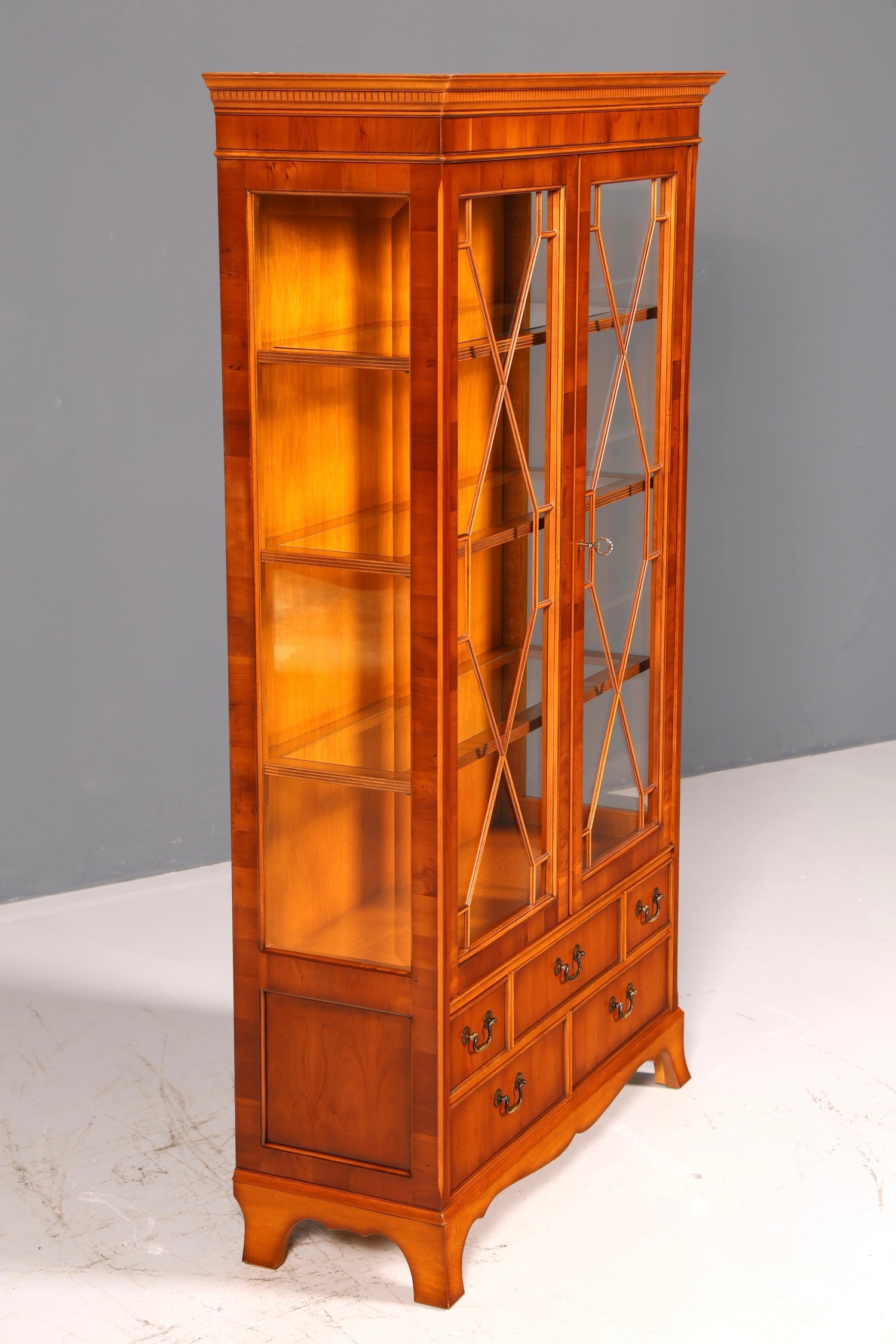 Beautiful Original Heldense Display Cabinet, English Yew Bookcase, Glass Cabinet with Lighting