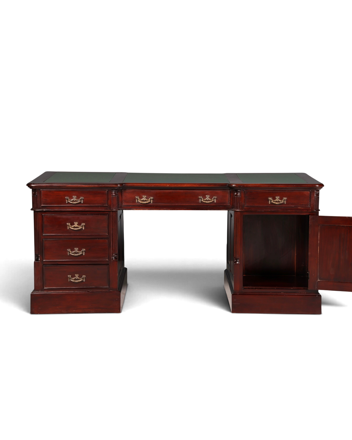 Hauptstadt Möblerei englischer Partner Desk aus Mahagoni mit grüner Lederauflage und Messingbeschlägen im Vintage-Stil