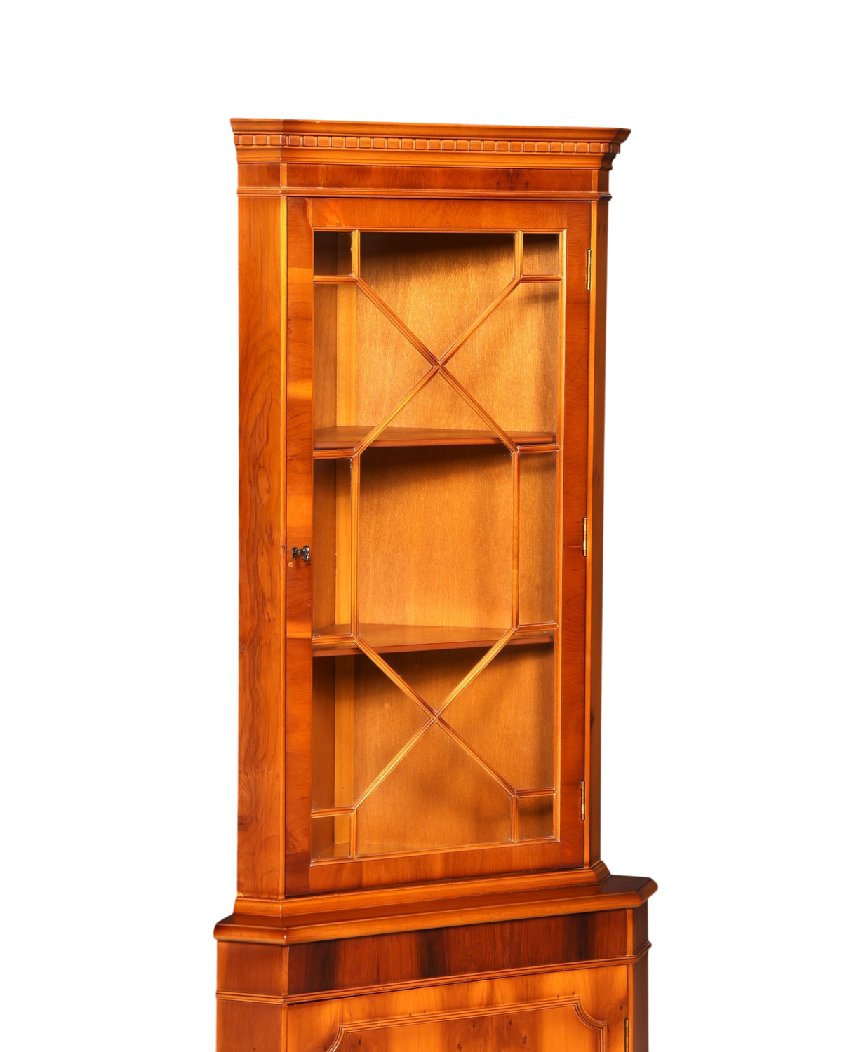 Hauptstadt Möblerei englische Eckvitrine aus Eibe mit Glastür und dekorativen Holzsprossen im Vintage-Stil