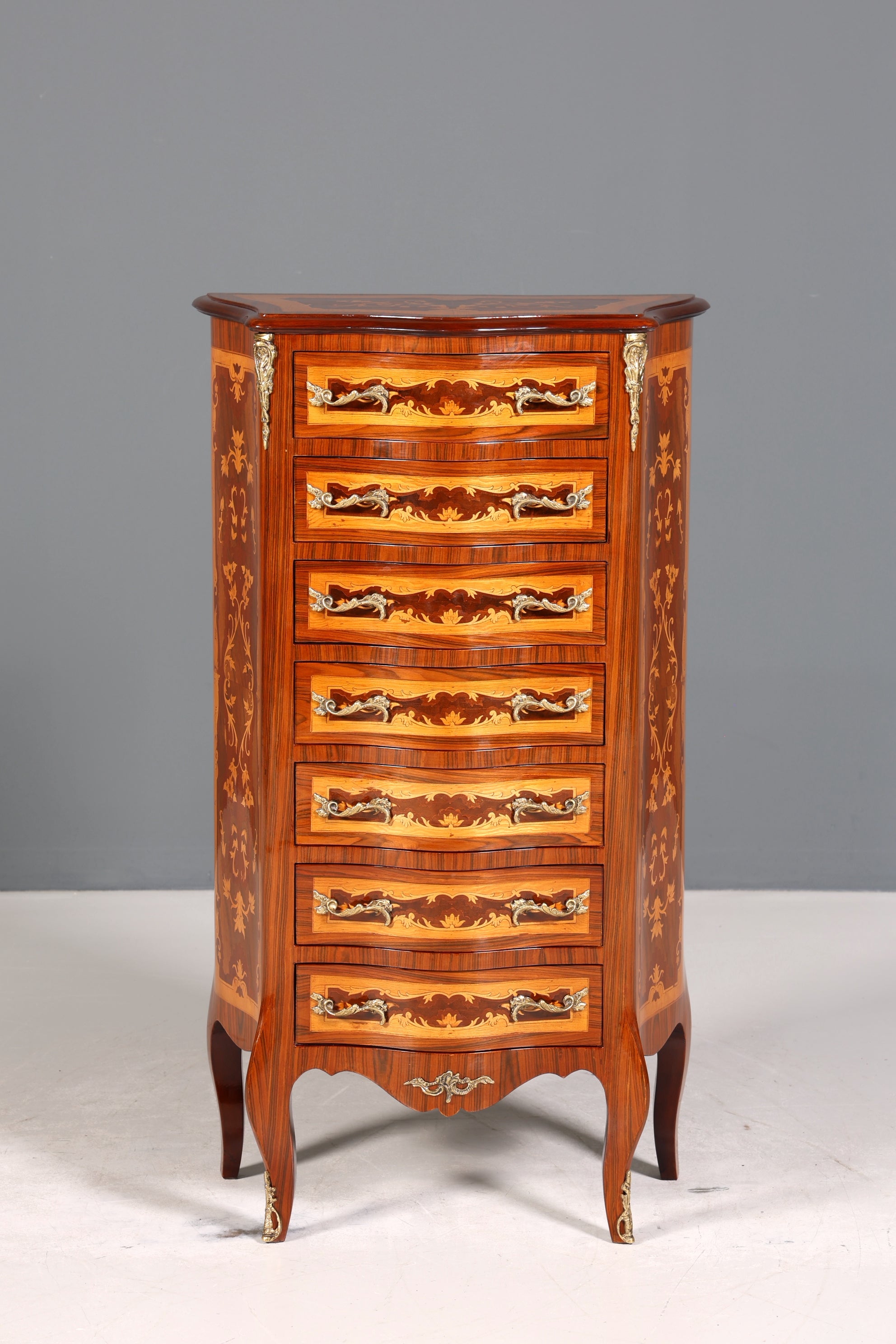 Traumhaftes Barock Stil Louis XV Highboard Vertiko Intarsien Kommode Schubladenkommode