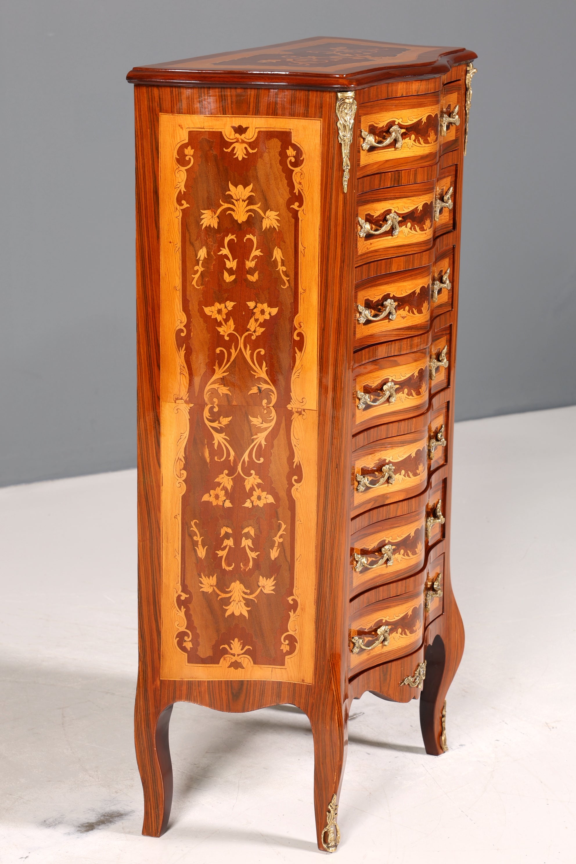 Traumhaftes Barock Stil Louis XV Highboard Vertiko Intarsien Kommode Schubladenkommode