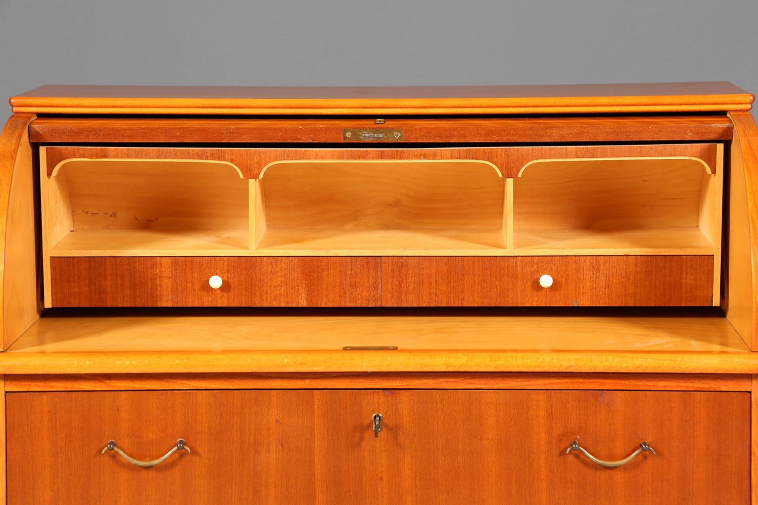 Schlichter Mid Century Rollladen Sekretär echt Holz Büro Schrank Vintage Schreibkommode