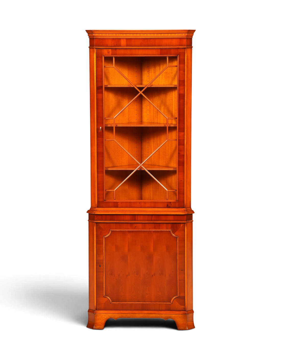 Hauptstadt Möblerei Heldense Eckvitrine aus Eibenholz im englischen Antik-Stil mit Glastüren und verstellbaren Böden