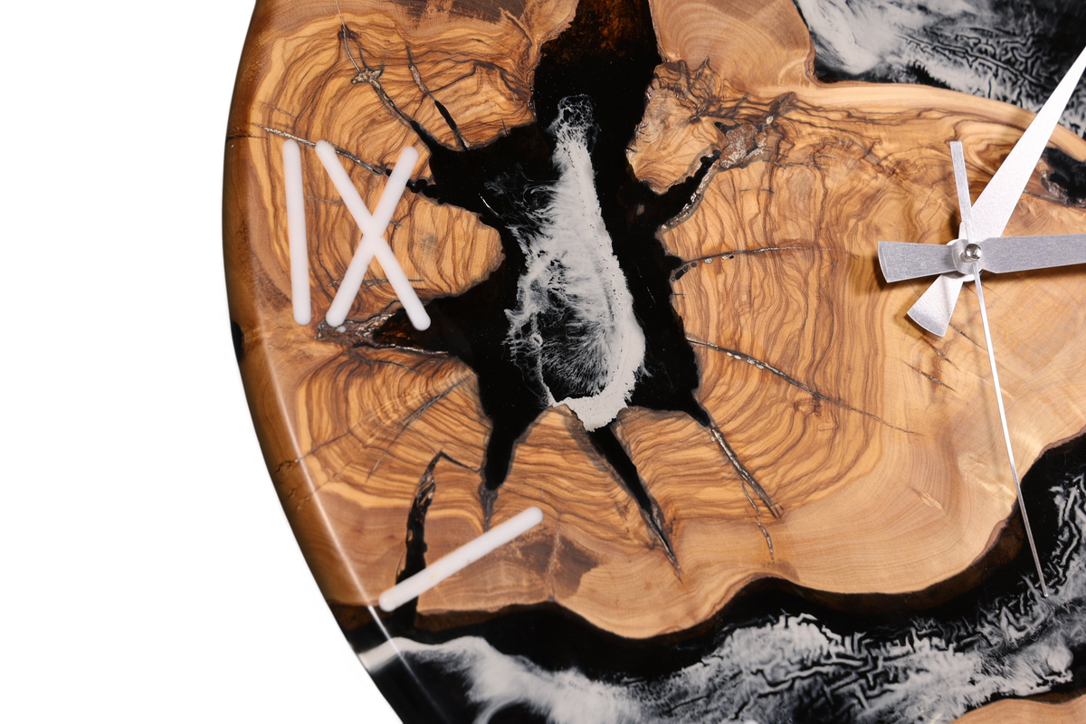 Beeindruckende Handgefertigte XXL Epoxidharz Uhr Olivenbaum Wanduhr Epoxy Analog Uhr