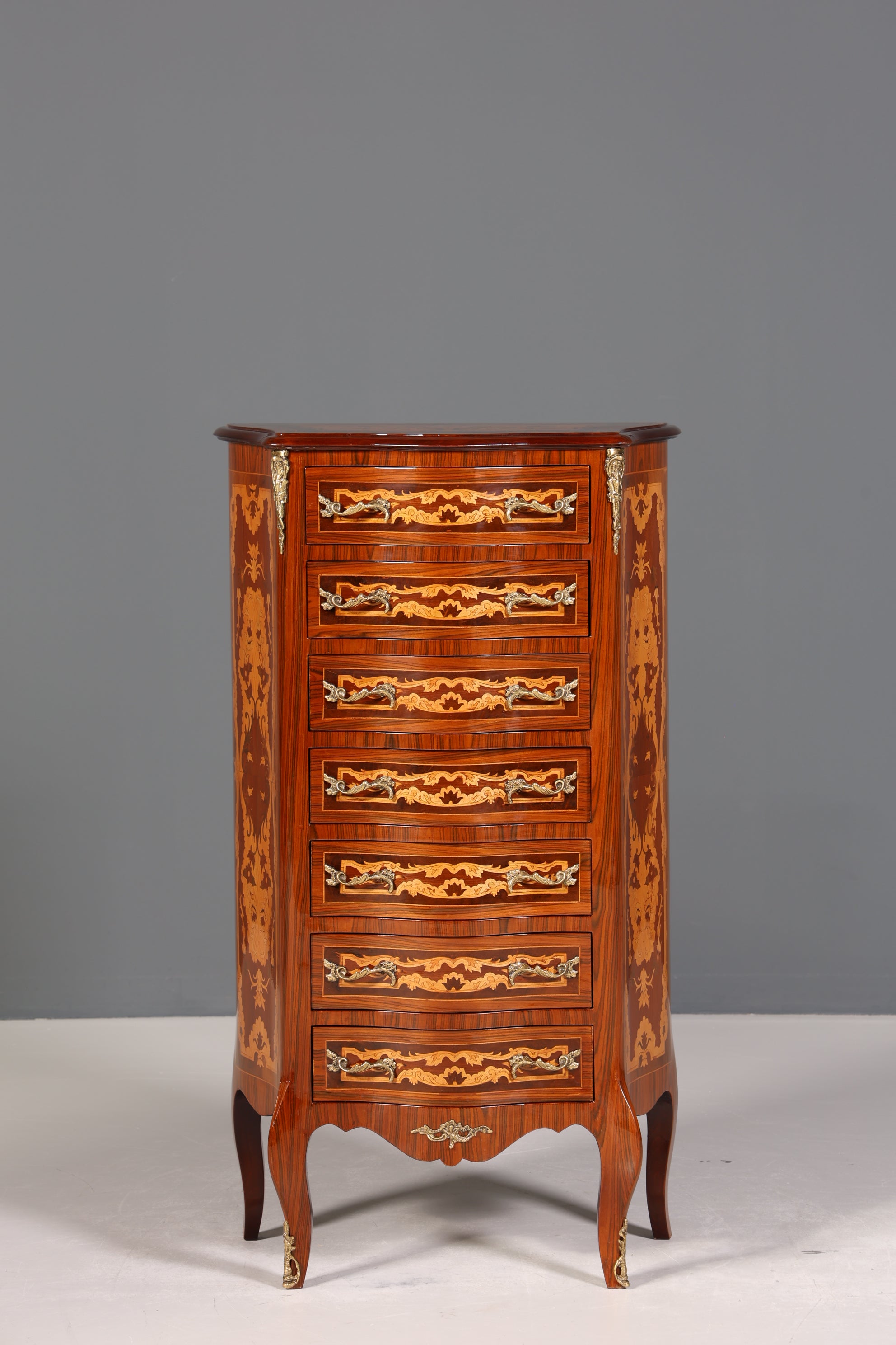 Traumhaftes Barock Stil Louis XV Highboard Intarsien Vertiko Kommode Schubladenkommode