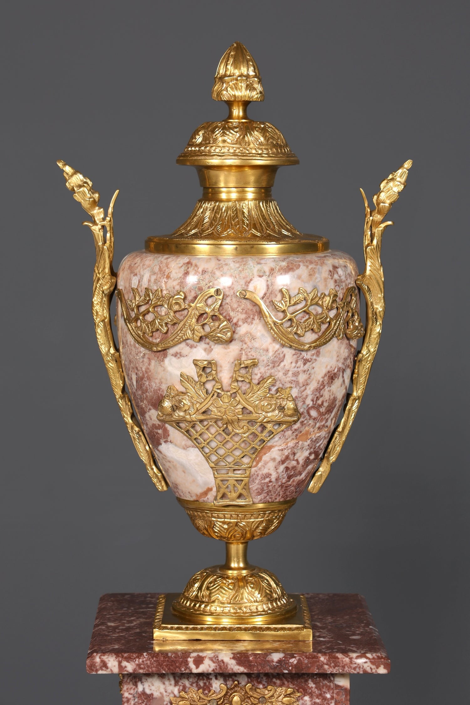 Beautiful Baroque style column with vase, Louis XV marble natural stone flower column, pedestal, shelf