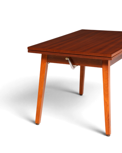 Hauptstadt Möblerei Mid Century Esstisch aus Holz mit Kurbel zur Höhenverstellung im 60er Jahre Vintage Design