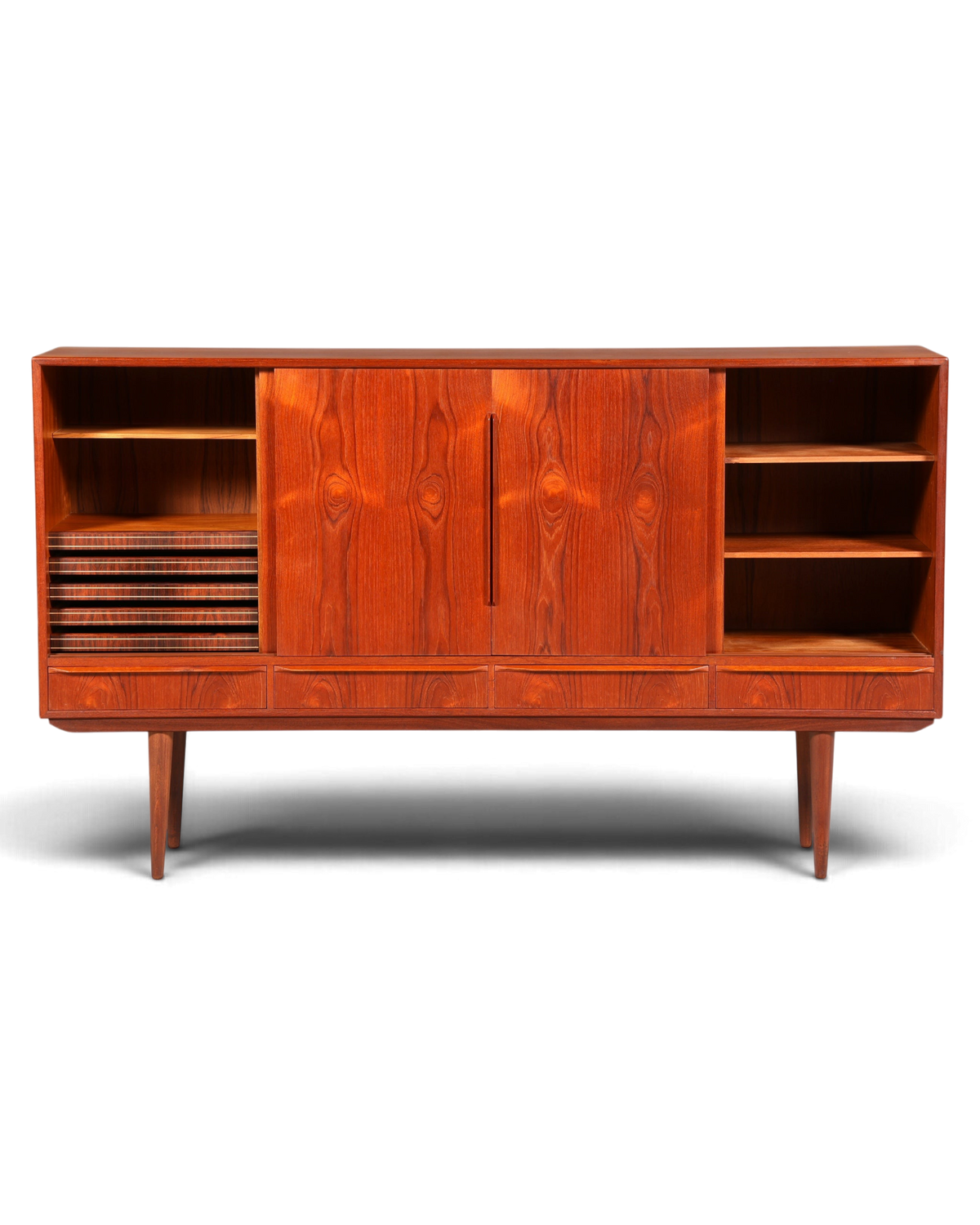 Hauptstadt Möblerei Mid Century Highboard aus massivem Holz im dänischen Design mit Schiebetüren und Regalfächern