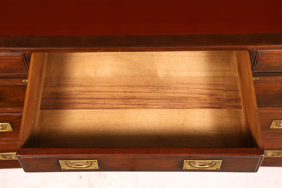 Elegant maritime desk, English military chest office desk, office table with genuine leather writing surface