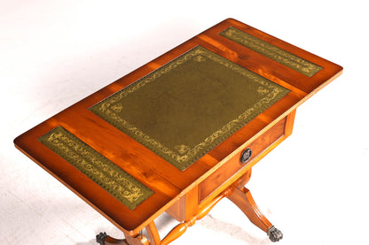 Edler Englischer Klapptisch Beistelltisch Eibe Echt Lederauflage Antik Ablagetisch Vintage Rolltisch Wohnzimmer