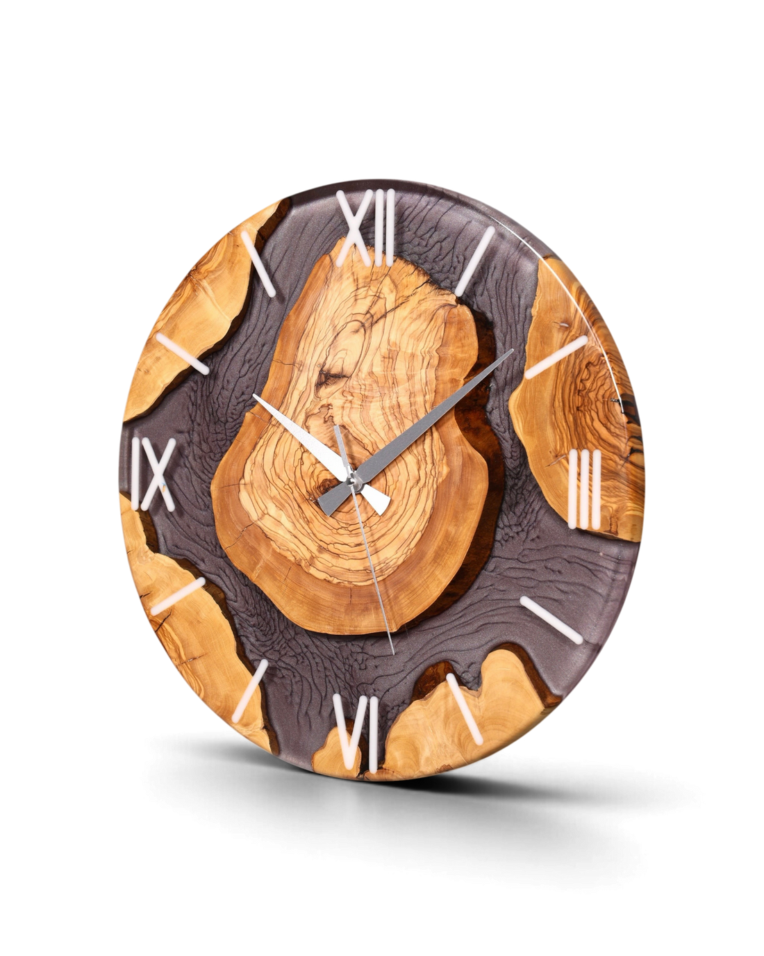 Stilvolle Handgefertigte Epoxidharz Wanduhr Olivenbaum Uhr grau Epoxy Analog Uhr