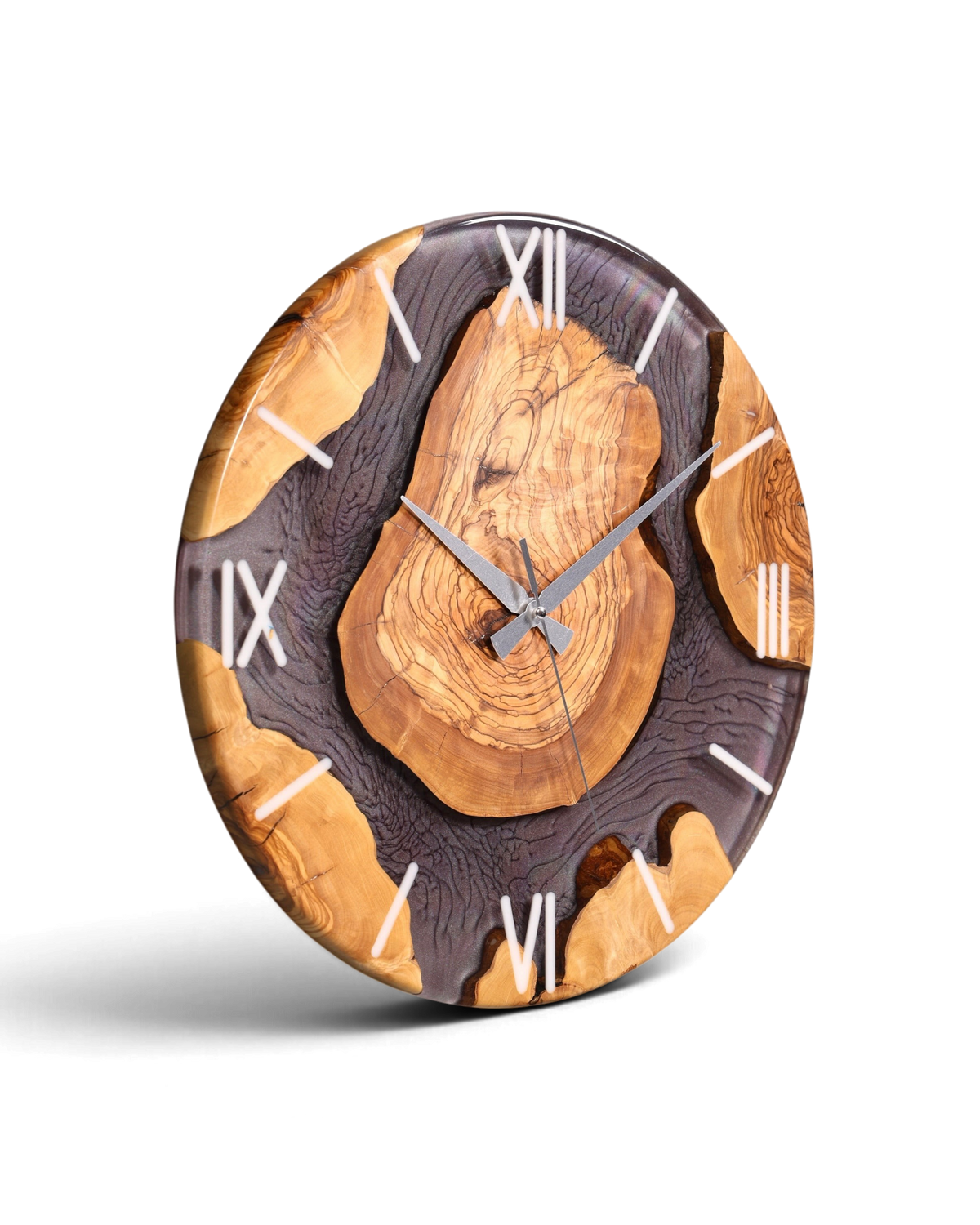 Stilvolle Handgefertigte Epoxidharz Wanduhr Olivenbaum Uhr grau Epoxy Analog Uhr