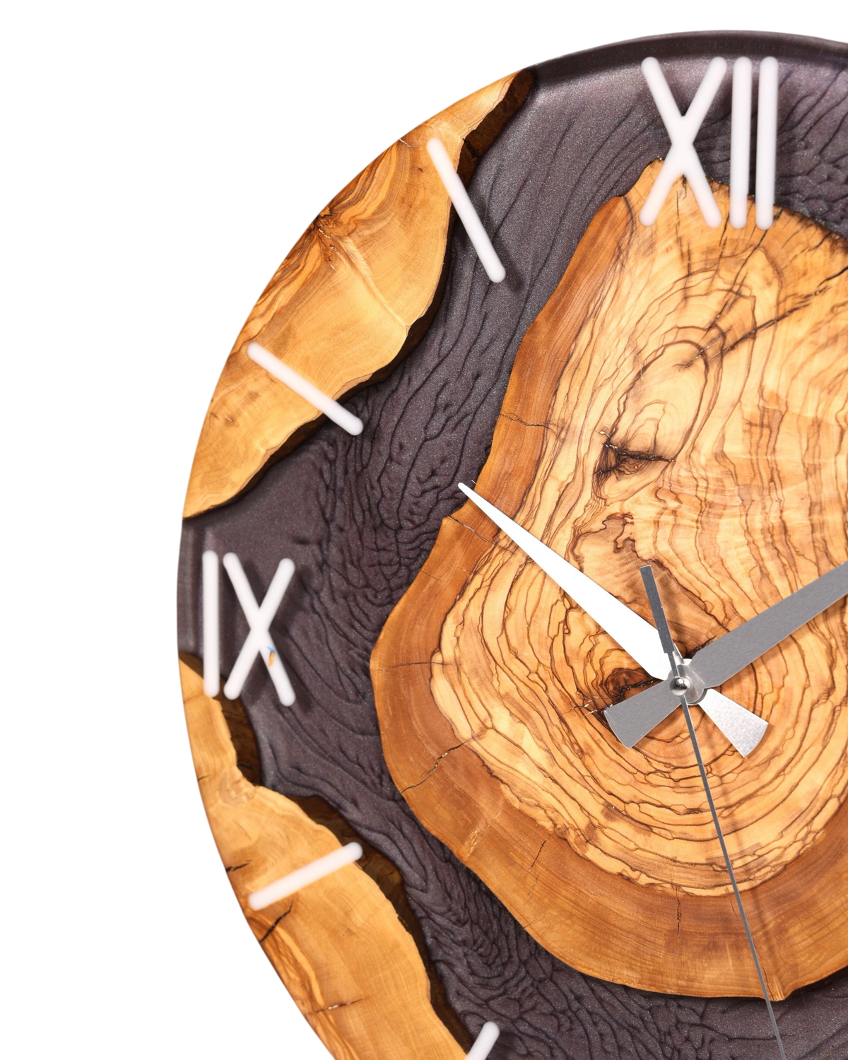 Stilvolle Handgefertigte Epoxidharz Wanduhr Olivenbaum Uhr grau Epoxy Analog Uhr