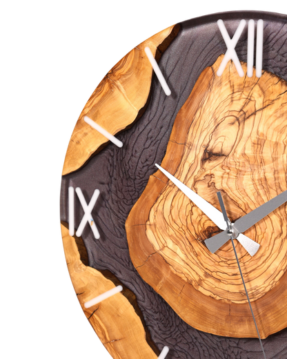 Stilvolle Handgefertigte Epoxidharz Wanduhr Olivenbaum Uhr grau Epoxy Analog Uhr