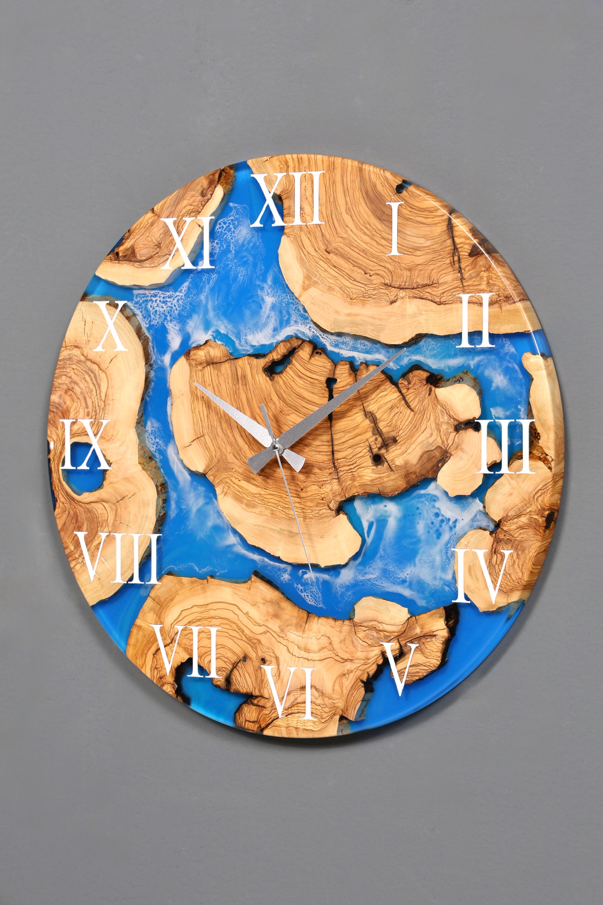 Wunderschöne Handgefertigte Epoxidharz Wanduhr Olivenbaum Blue Sea Uhr Epoxy Analog Uhr