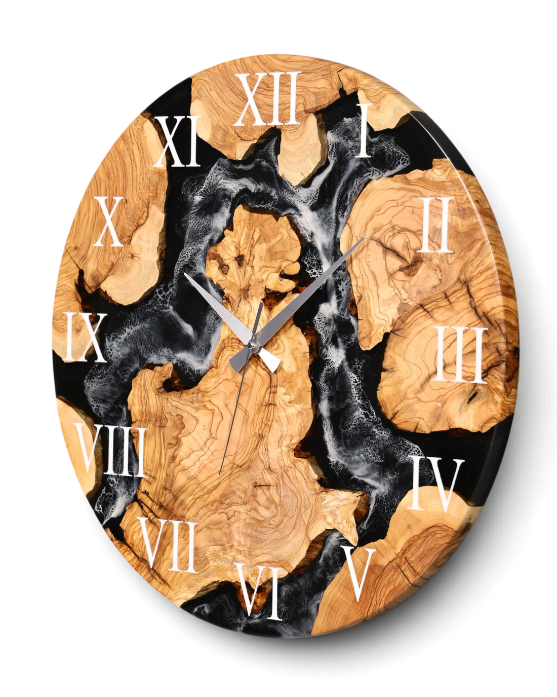Wunderschöne Handgefertigte Epoxidharz Wanduhr Olivenbaum Uhr Black Epoxy Analog Uhr