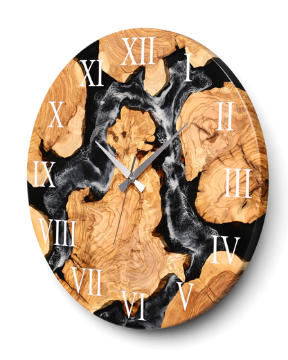 Wunderschöne Handgefertigte Epoxidharz Wanduhr Olivenbaum Uhr Black Epoxy Analog Uhr