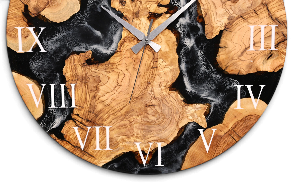 Wunderschöne Handgefertigte Epoxidharz Wanduhr Olivenbaum Uhr Black Epoxy Analog Uhr