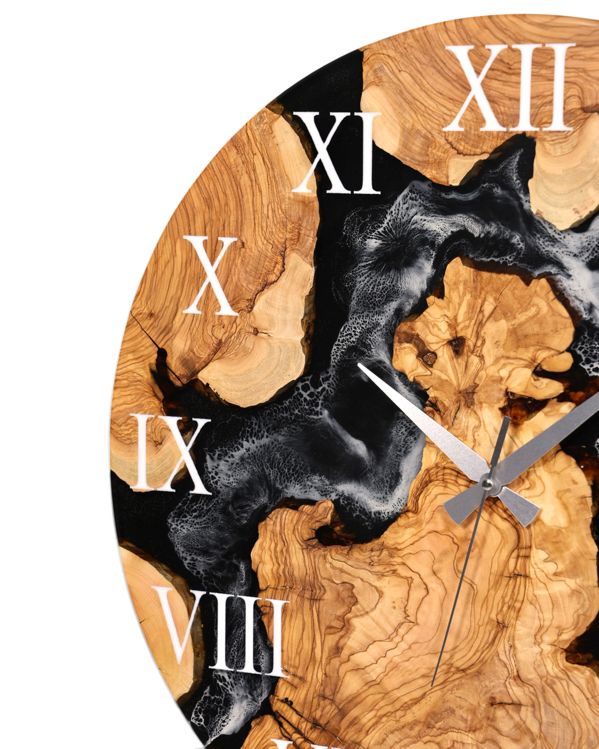 Wunderschöne Handgefertigte Epoxidharz Wanduhr Olivenbaum Uhr Black Epoxy Analog Uhr