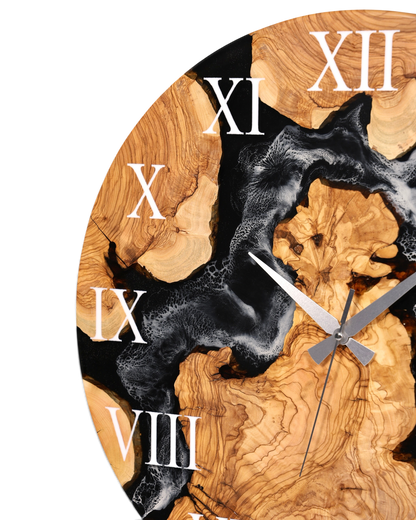 Wunderschöne Handgefertigte Epoxidharz Wanduhr Olivenbaum Uhr Black Epoxy Analog Uhr
