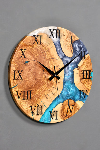 Traumhafte Handgefertigte Epoxidharz Wanduhr Olivenbaum Uhr Epoxy Analog Uhr