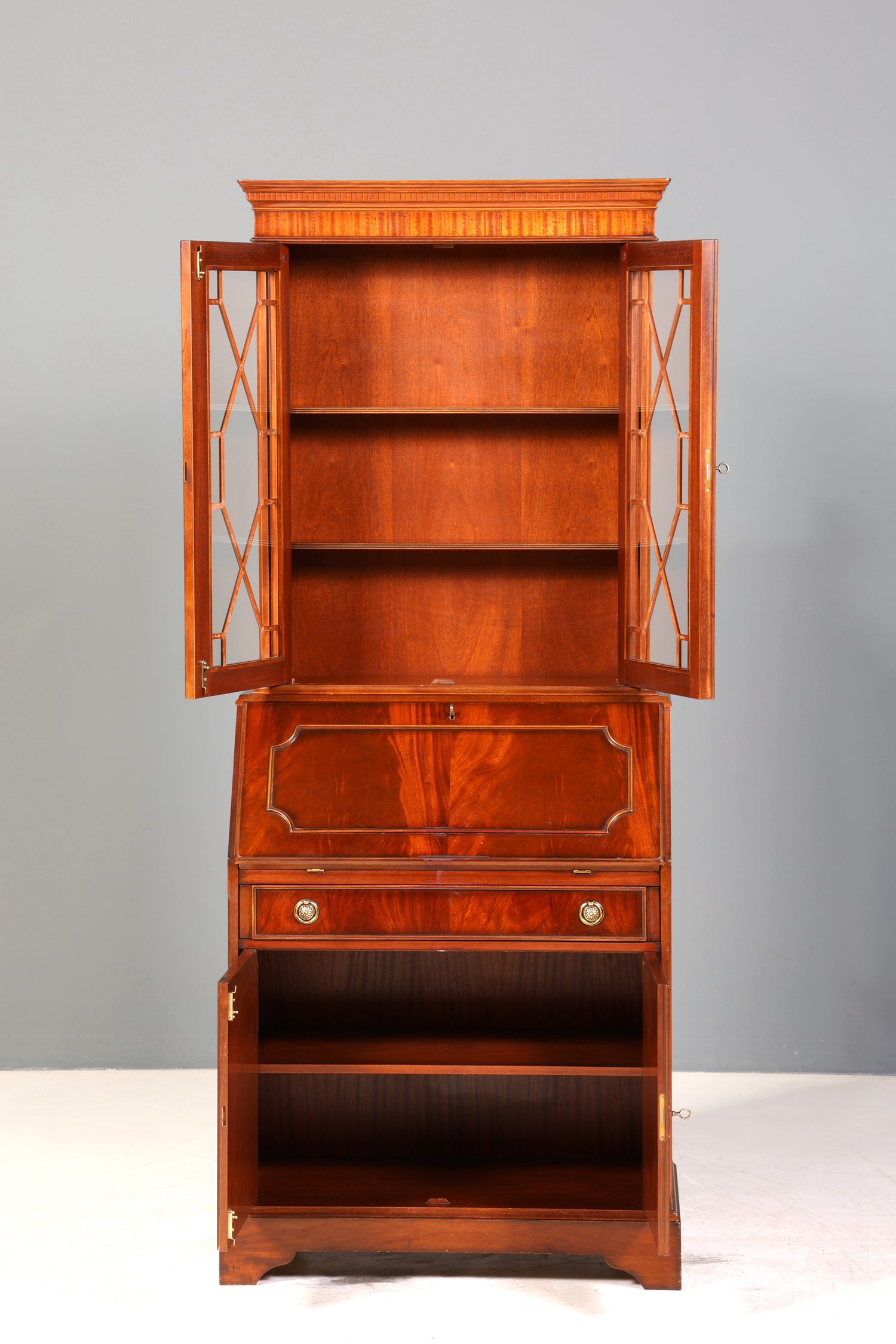 E913 Finish cm Stilvoller Englischer Sekretär Original Heldense Büro Aufsatzsekretär Eibe Antik 60S Vitrinen Schrank UK