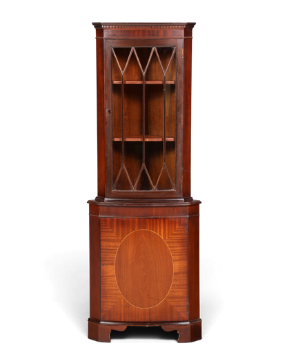 Hauptstadt Möblerei englische Eckvitrine aus Mahagoni mit verglaster Tür und eleganter Intarsienarbeit im Vintage-Stil
