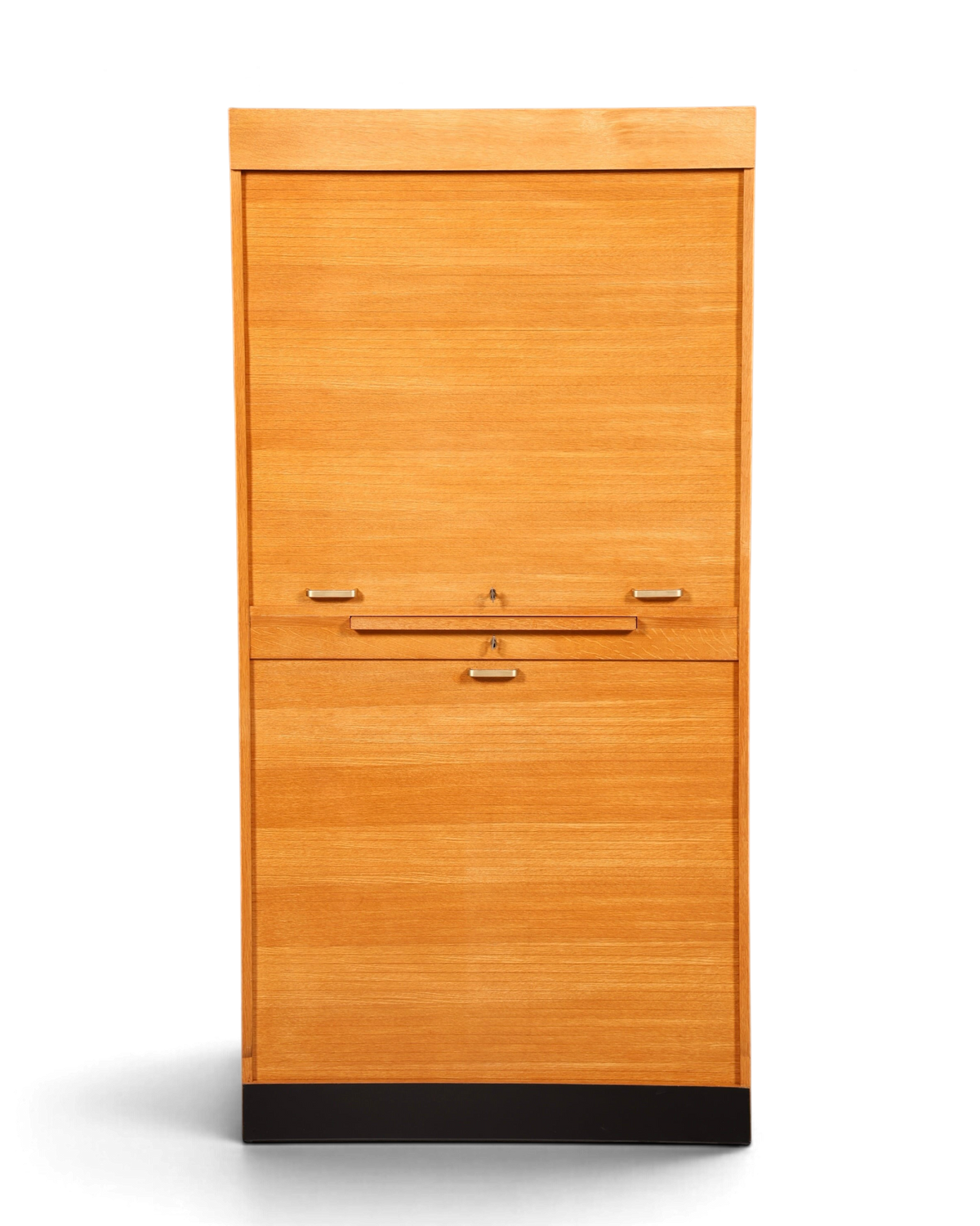 Hauptstadt Möblerei Mid Century Rollladenschrank aus hellem Holz im Bauhaus Stil mit zwei abschließbaren Fächern
