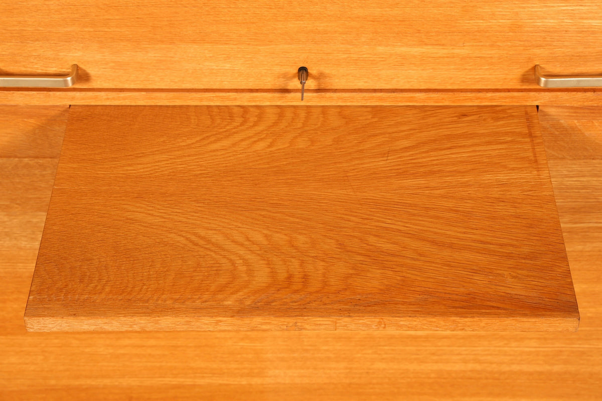 Hauptstadt Möblerei Mid Century Rollladenschrank aus Echtholz mit höhenverstellbarem Regalboden und Metallgriff