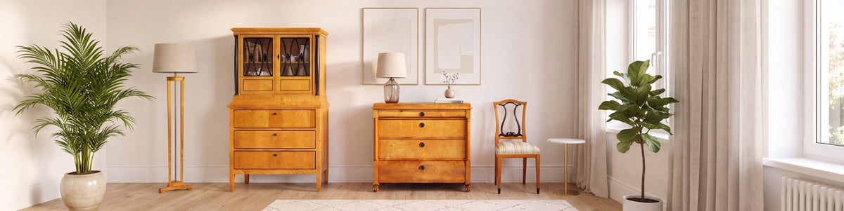 Biedermeier Möbel: Aufsatzschrank, Kommode und Lyra-Stuhl in hellem Wohnraum
