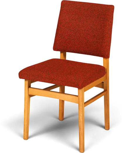 Hauptstadt Möblerei Mid Century Esszimmerstuhl mit rotem Stoffbezug und hellem Holzgestell im 60er Jahre Retro-Stil