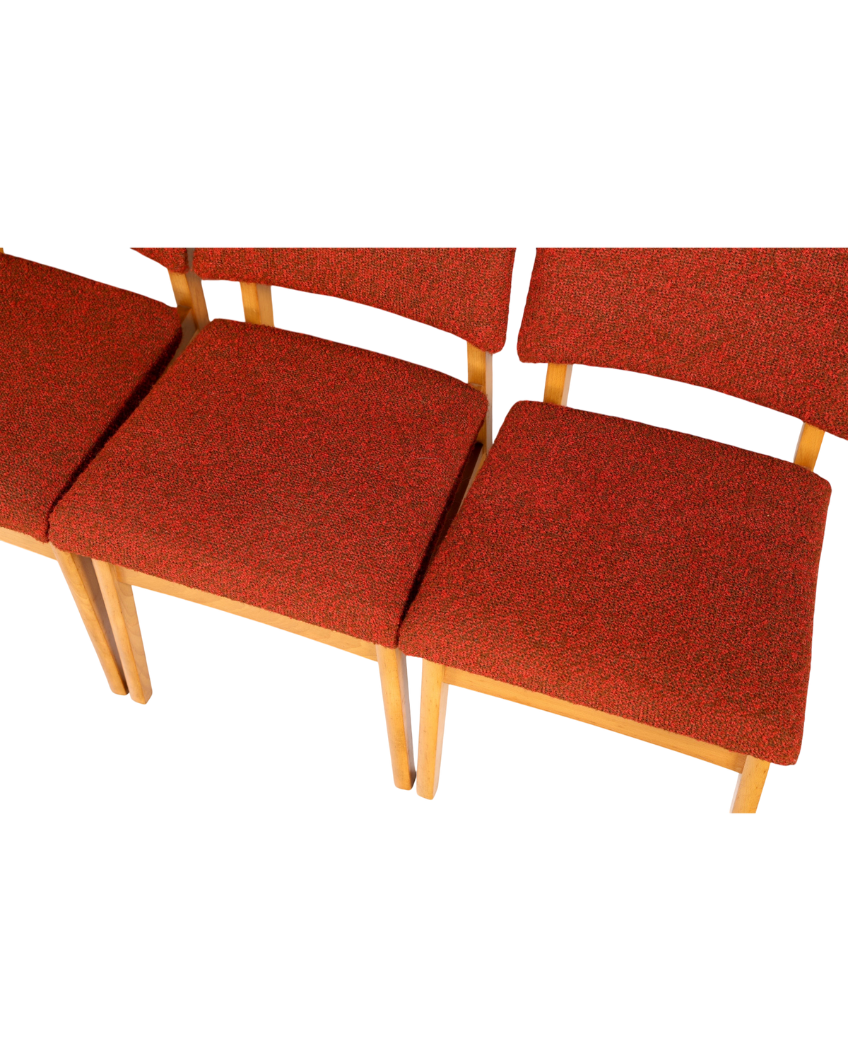 Hauptstadt Möblerei Mid Century Esszimmerstühle im 6er-Set mit rotem Strukturstoff und hellem Holzgestell im Retro-Stil