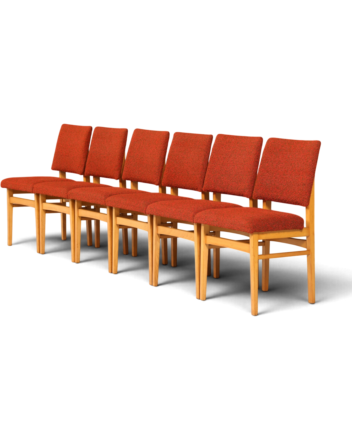 Hauptstadt Möblerei 6er-Set Mid Century Esszimmerstühle mit rotem Polster und hellem Holzgestell im 60er-Jahre-Stil
