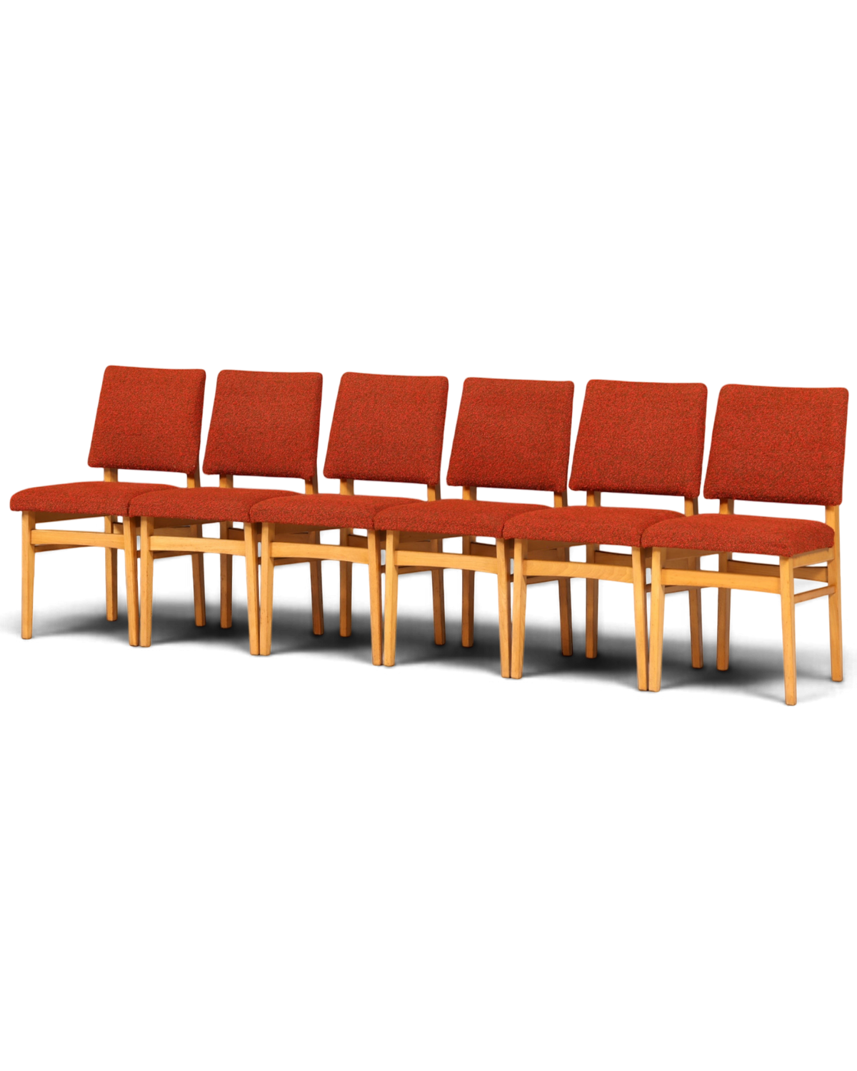 Hauptstadt Möblerei 6er-Set Mid Century Esszimmerstühle mit rotem Polster und hellem Holzgestell im 60er-Jahre-Stil