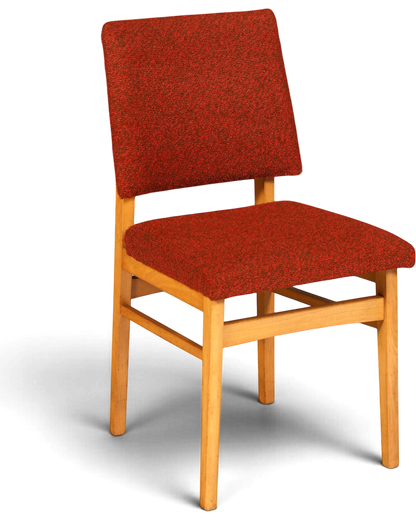 Hauptstadt Möblerei Mid Century Esszimmerstuhl mit rotem Stoffbezug und hellem Holzgestell im 60er Jahre Retro-Stil