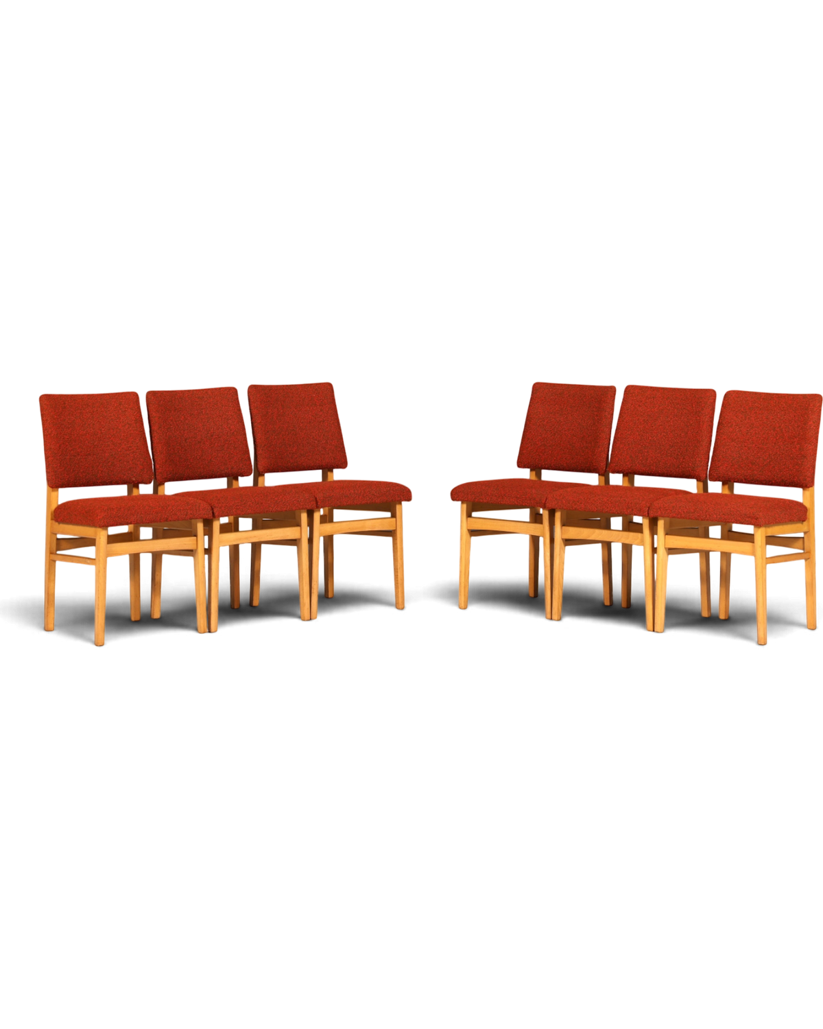 Hauptstadt Möblerei 6er-Set Mid Century Esszimmerstühle mit rotem Stoffbezug und hellem Holzgestell im Retro-Stil
