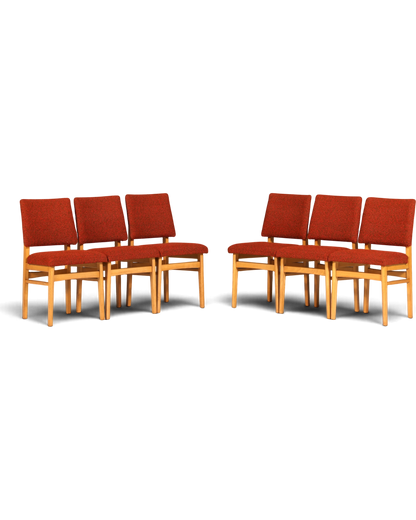 Hauptstadt Möblerei 6er-Set Mid Century Esszimmerstühle mit rotem Stoffbezug und hellem Holzgestell im Retro-Stil