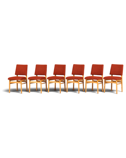 Hauptstadt Möblerei 6er-Set Mid Century Esszimmerstühle mit Holzgestell und rotem Polsterbezug im 60er-Jahre-Stil