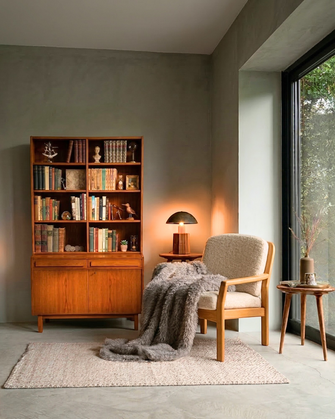 Hauptstadt Möblerei Mid Century Teak Regal im Danish Design mit Büchern neben einem Sessel in einem Wohnzimmer