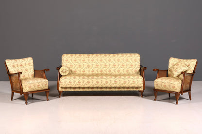 Traumhafter Chippendale Sessel Antik 60s Korbgeflecht Relax Sessel Vintage Samt Stoff 1 von 2